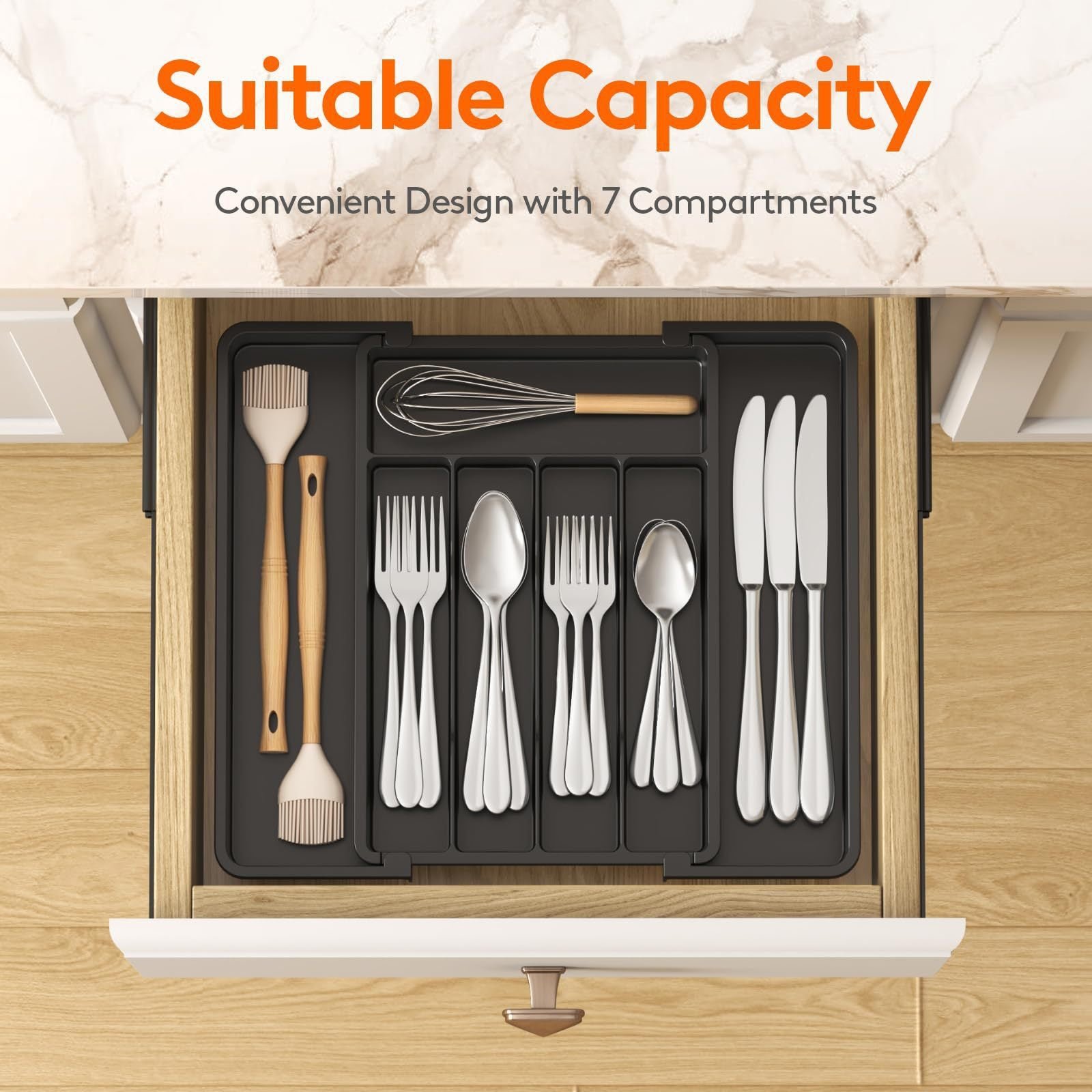 Expandable Utensil Drawer Organizer – Black, Cutlery storage box